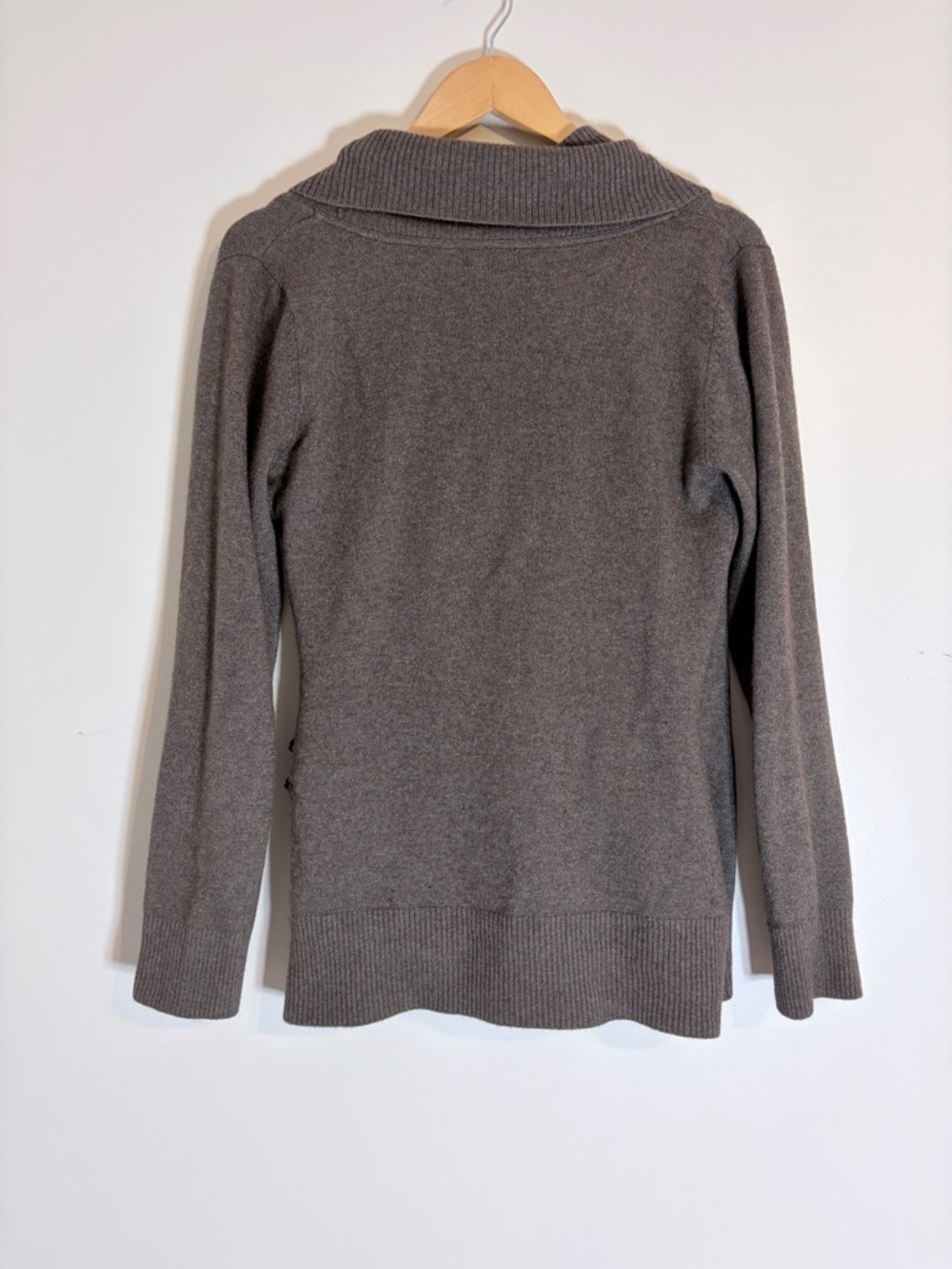 Angora Blend Taupe Wrap Sweater Buckle Detail. Elevated Cozy Chic - Picture 4 of 8